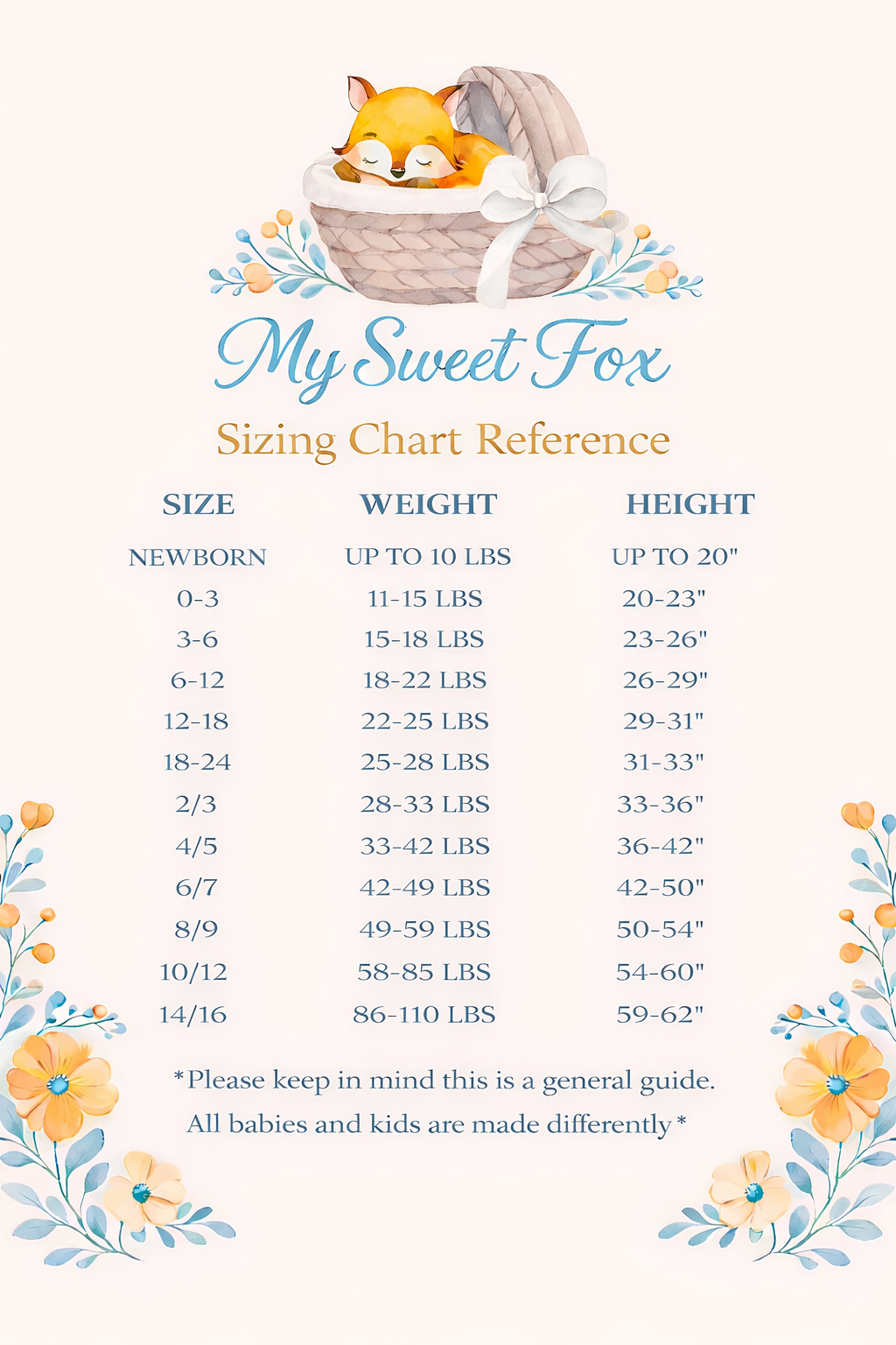 Bamboo pajams size chart for babies from newborn to 24 month and kids from size 2T to 14/16. The chart has a fox and floral elements on a cream background.