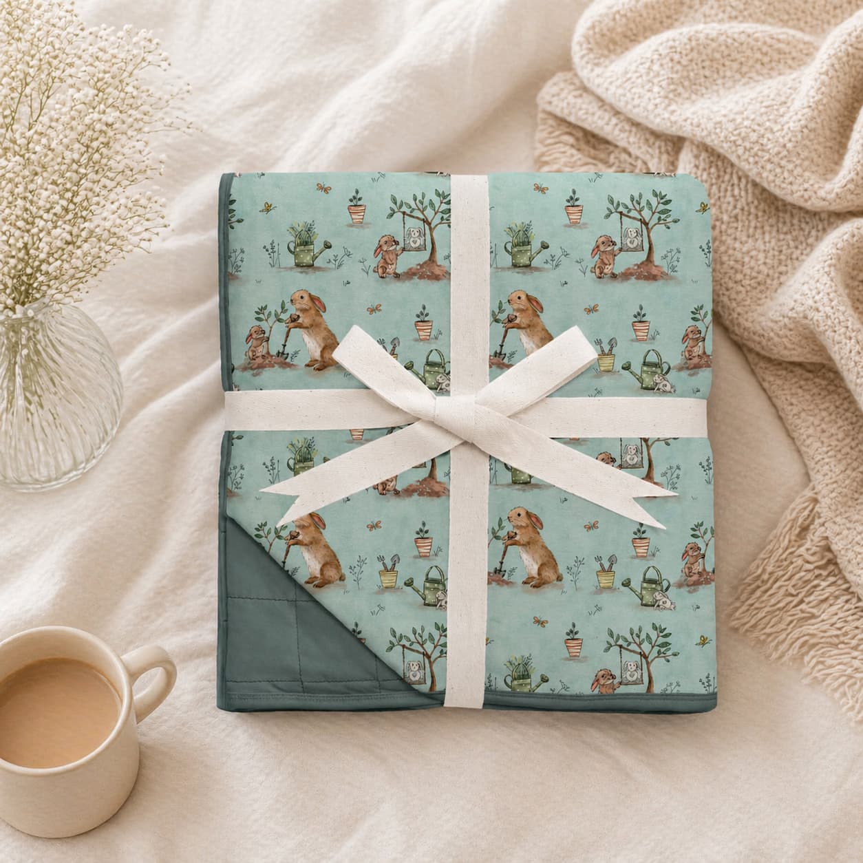 Blue bamboo blanket with bunnies and garden print wrapped in a white ribbon on a soft surface with a cup of coffee.