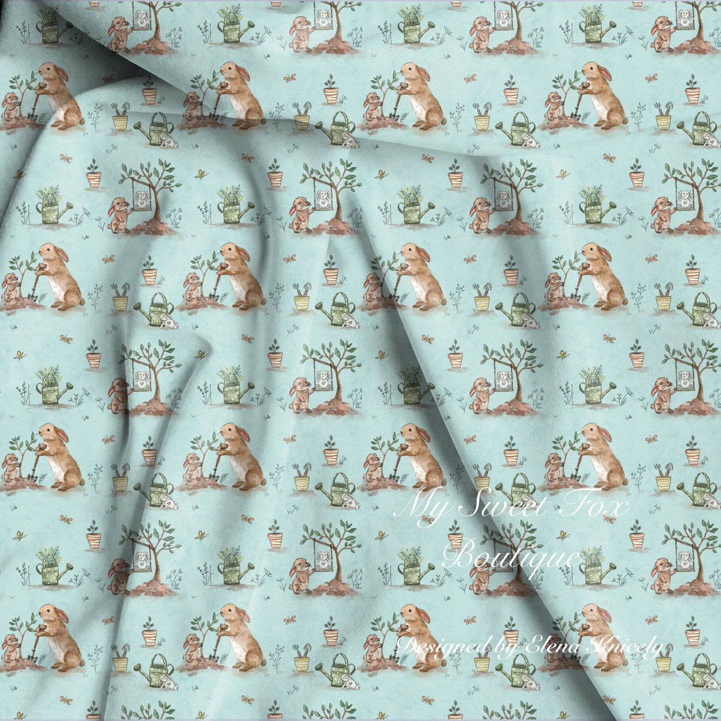 Bamboo viscose fabric seamless pattern with bunnies planting a memorial tree