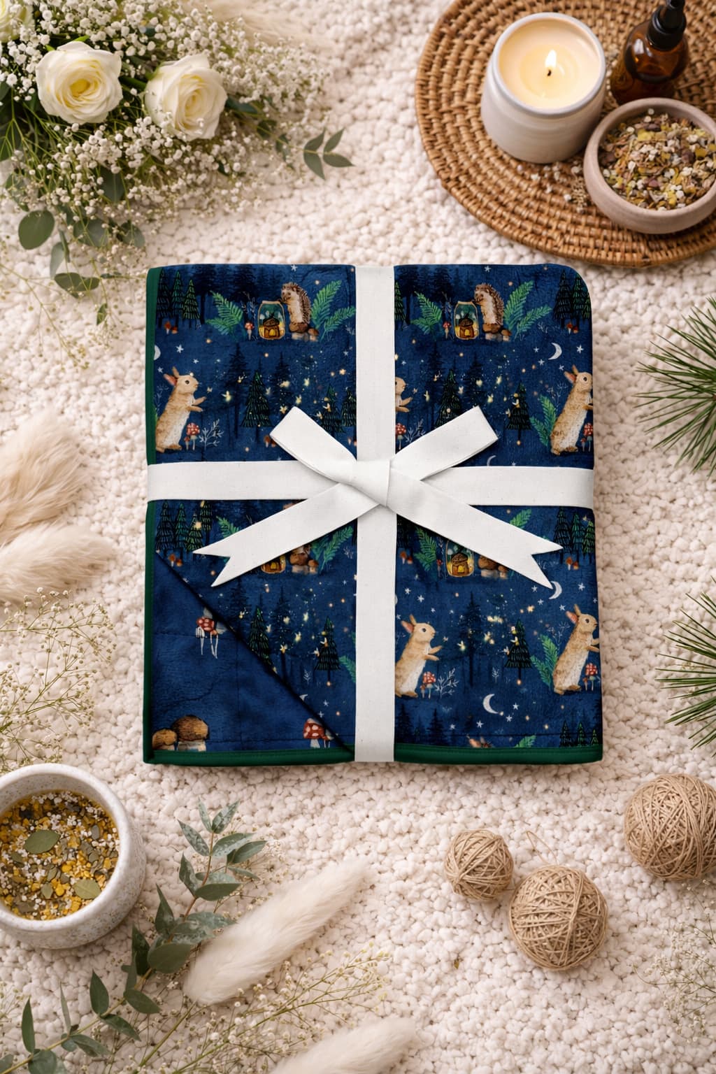Bamboo blanket for adult tied in a white ribbon on a soft surface. The dark navy blanket feature hedgehogs, bunnies, stars, fireflies, and other woodland designs.