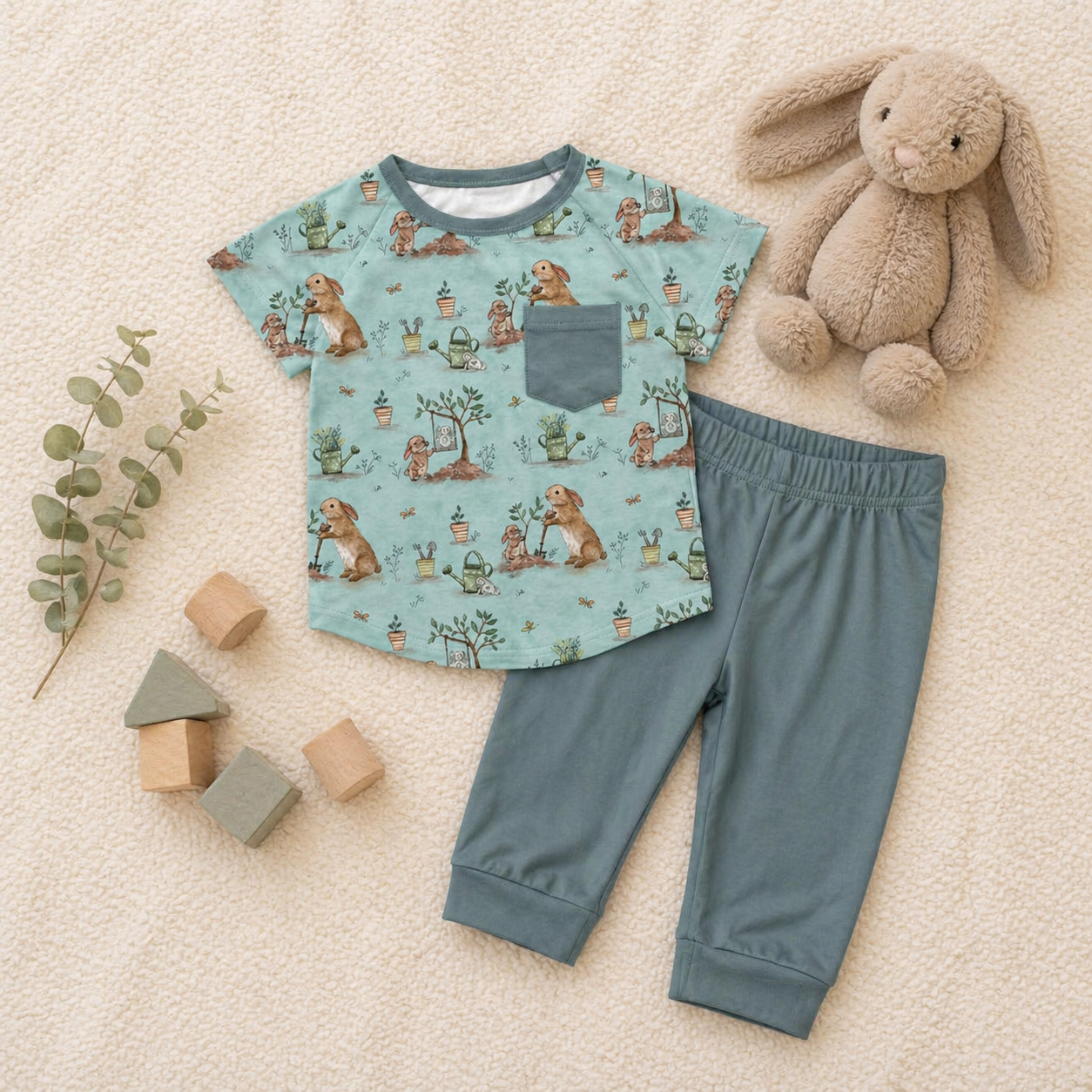 Children's bamboo daywear outfit with bunny patterned tshirt and solid pants, plush toy, and wooden blocks on a beige surface.