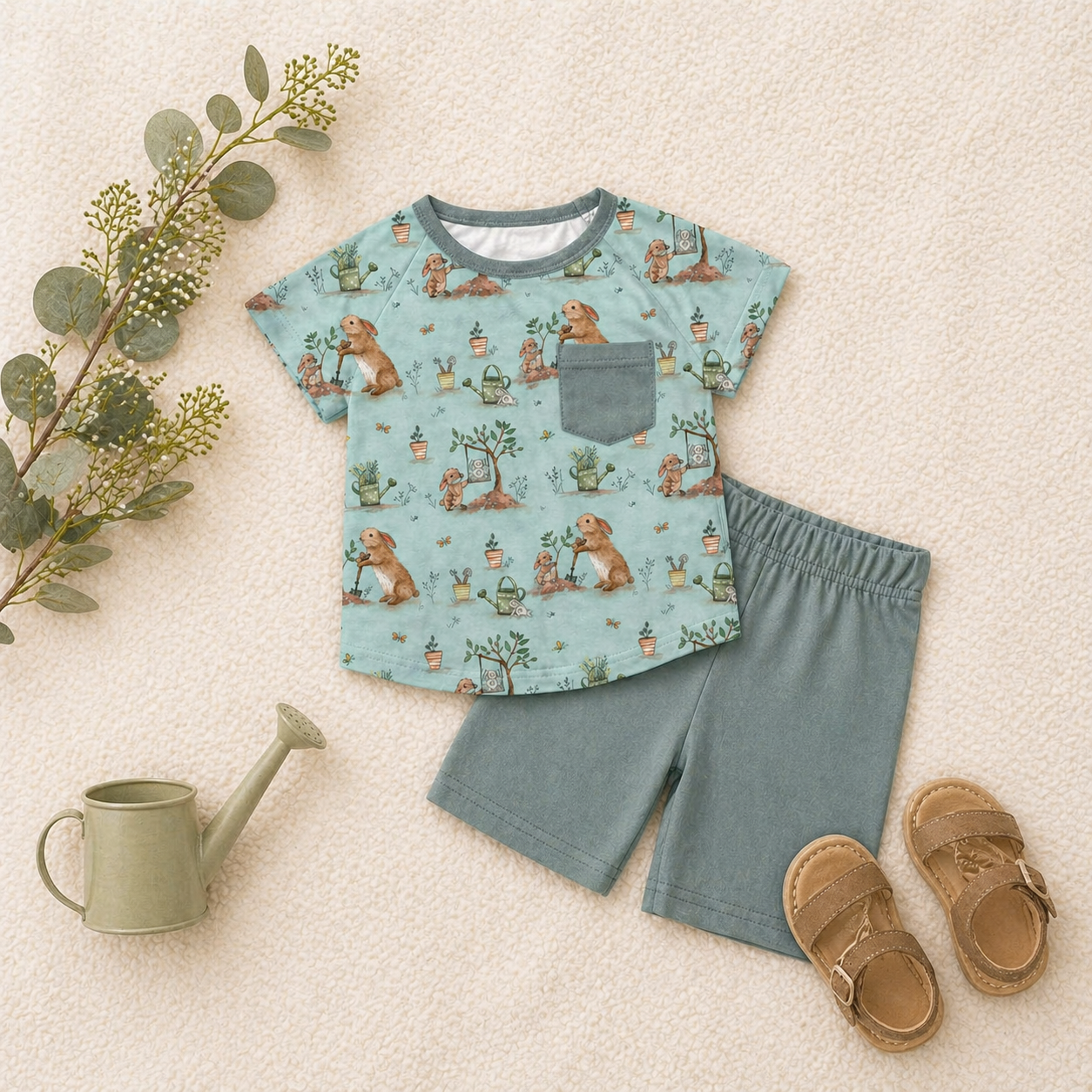 Children's bamboo outfit with a light blue bunny patterned pocket tshirt and solid shorts, and sandals on a light background.