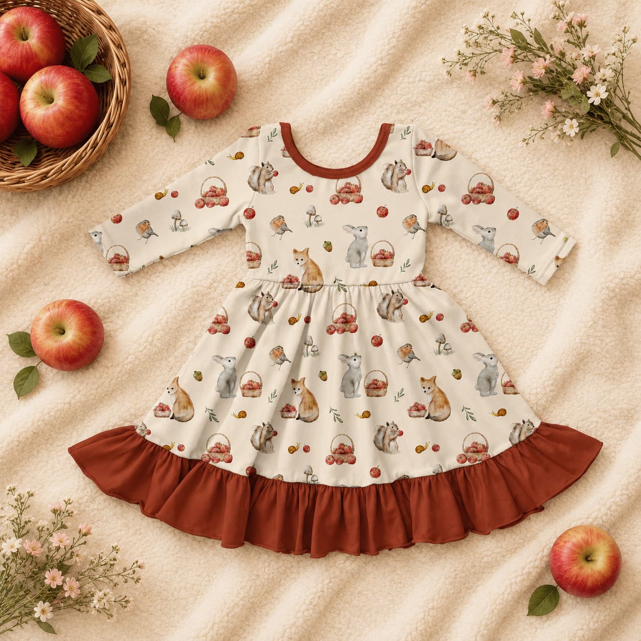 Children's bamboo twirl dress with animal and fruit pattern on a beige fabric background with apples and flowers.
