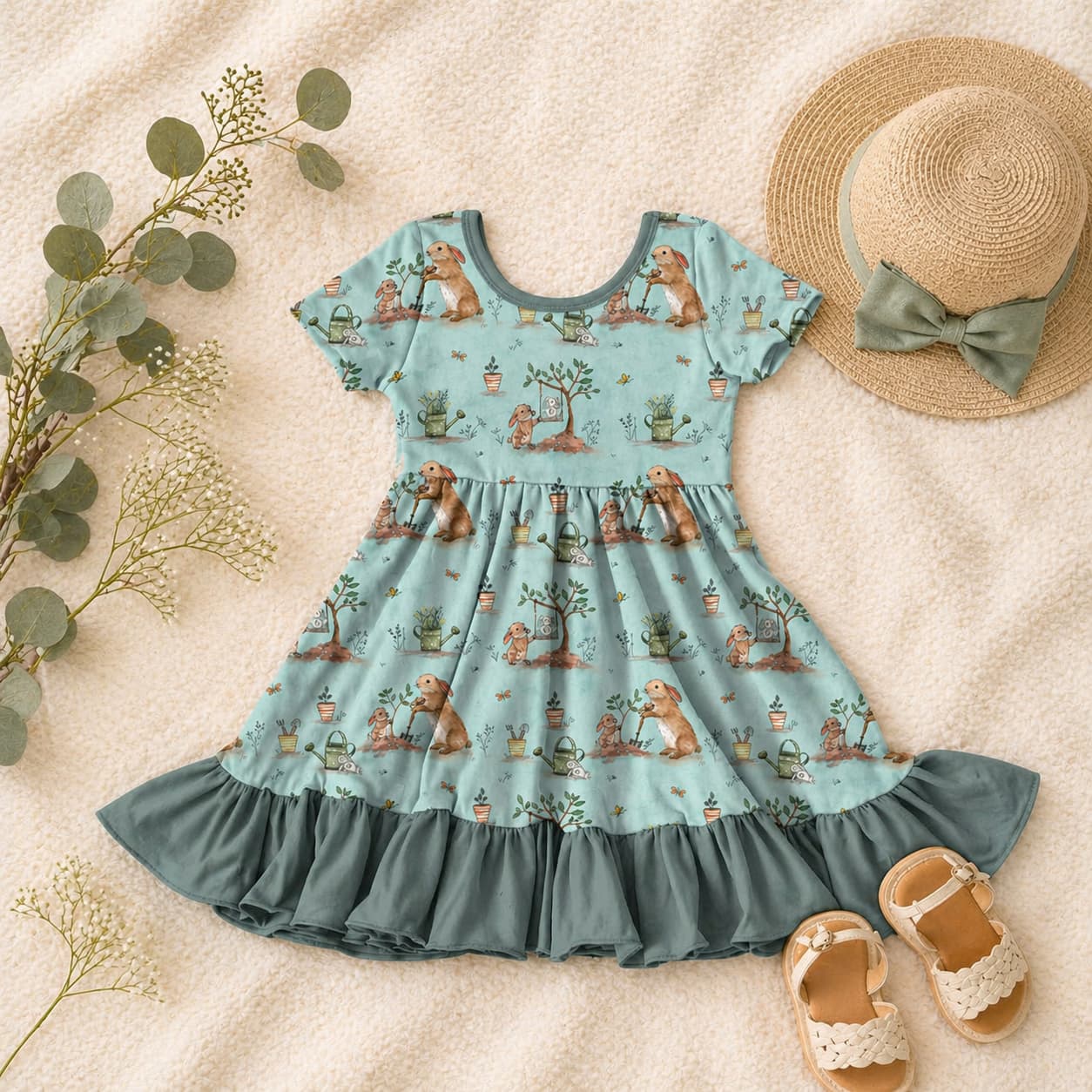 Children's bamboo dress with bunnies and garden print, accompanied by a hat and sandals on a beige background.