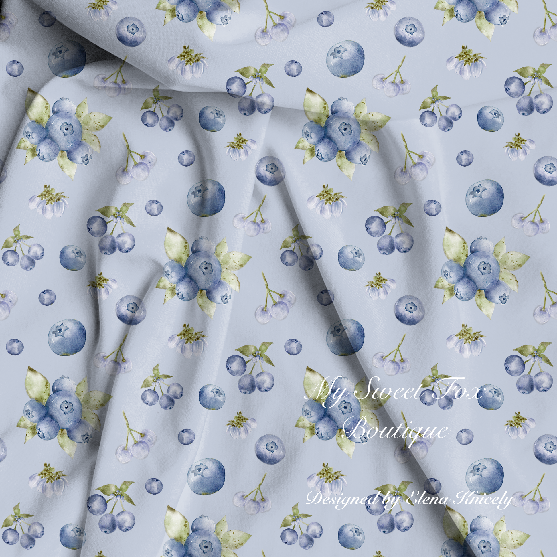 Bamboo viscose fabric with hand drawn watercolor blueberry pattern and 'My Sweet Fox Boutique' branding.