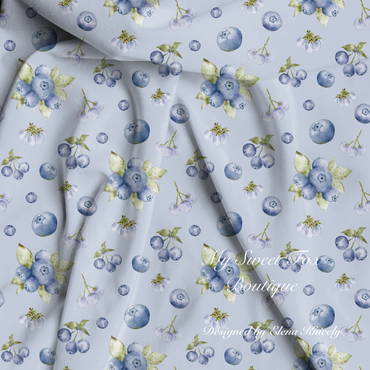 Bamboo viscose fabric with hand drawn watercolor blueberry pattern and 'My Sweet Fox Boutique' branding.