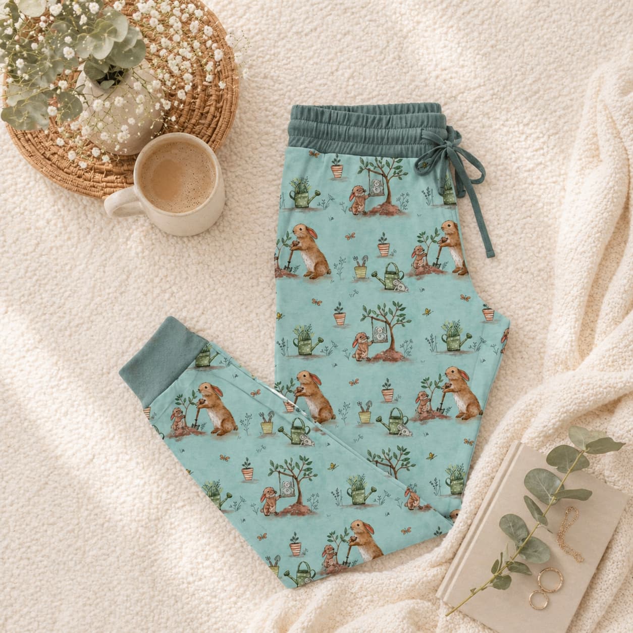 Light blue adult bamboo pajama pants with bunnies and plant pattern on a soft surface with a coffee cup and plant.
