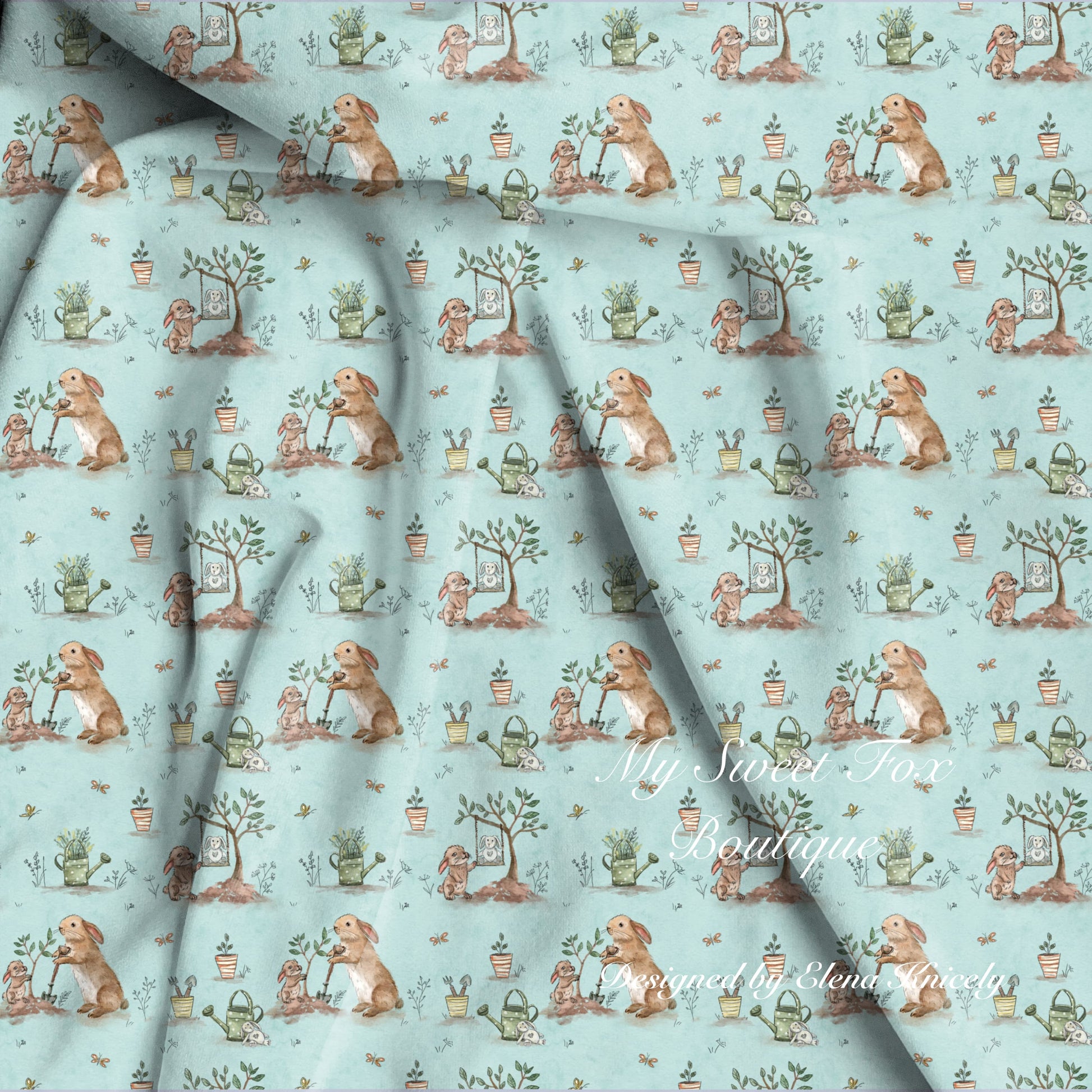 Bamboo viscose fabric seamless pattern with bunnies planting a memorial tree