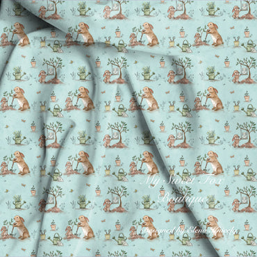 Bamboo viscose fabric seamless pattern with bunnies planting a memorial tree