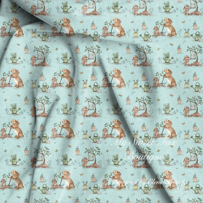 Bamboo viscose fabric seamless pattern with bunnies planting a memorial tree