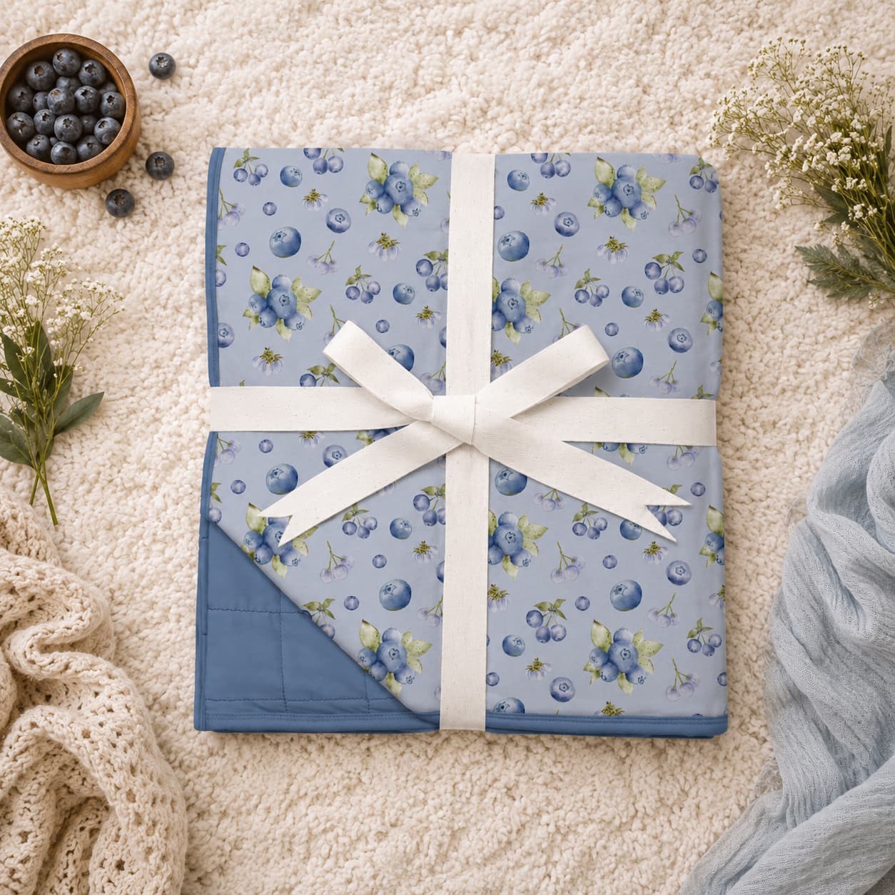 A folded bamboo blanket with blueberry pattern, wrapped in a white ribbon, presented on a textured cream rug with cozy props like blueberries, dried flowers, and a knitted scarf.
