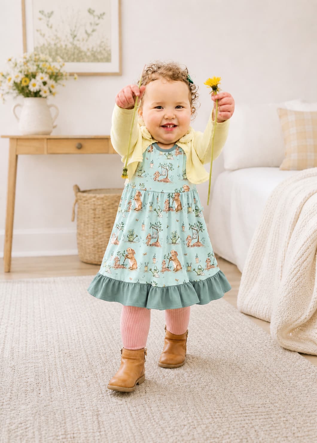 Girl wearing blue bamboo twirl dress with a light yellow cardigan holding a flower in her hand.