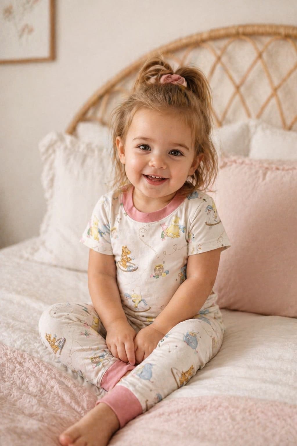 Child wearing Classic Pooh bamboo pajamas sitting on a bed with pink pillows and a wicker headboard.