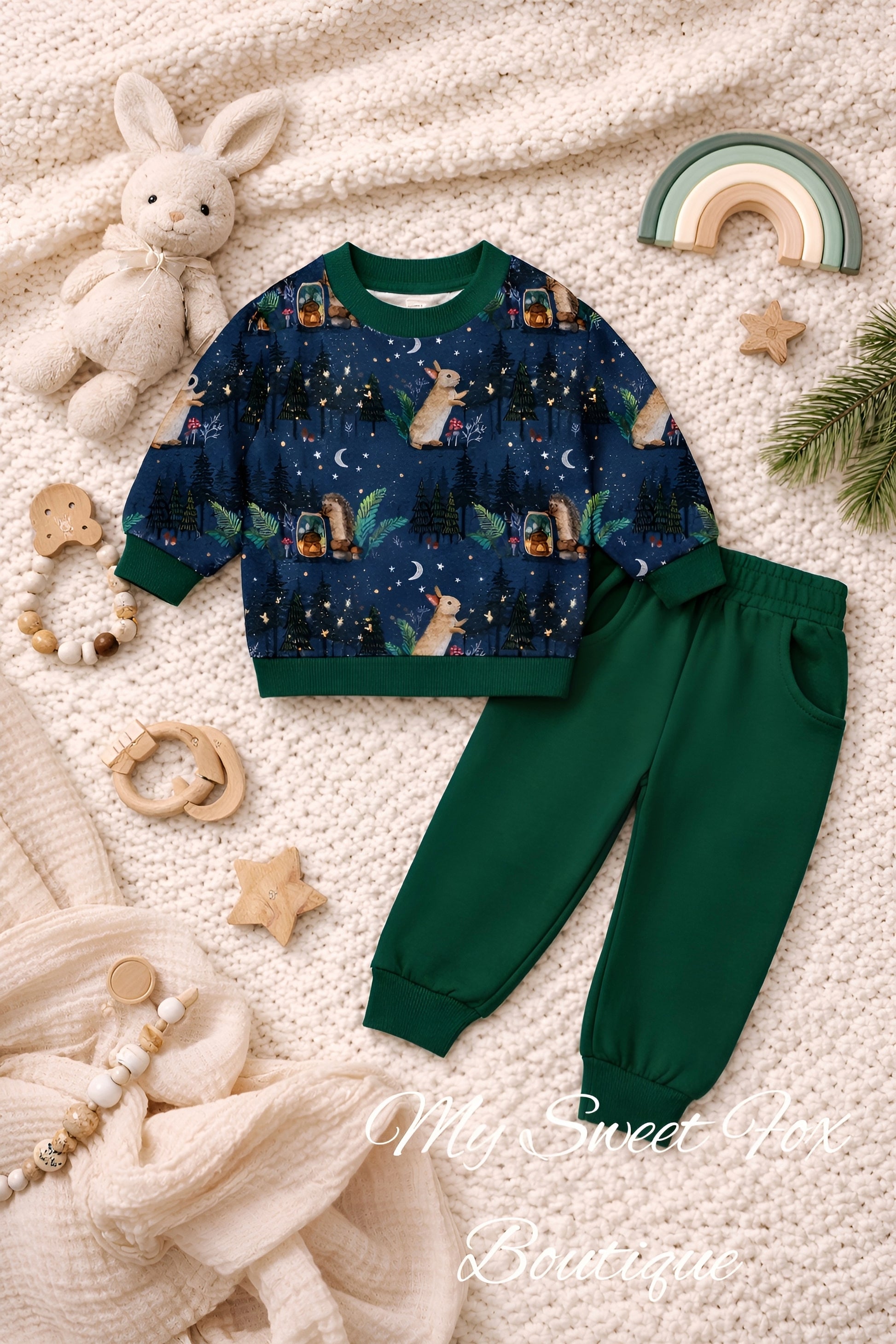 Bamboo French Terry jogger sets for kids. Warm and cozy with woodland print. Solid hunter green jogger pants for cold weather.