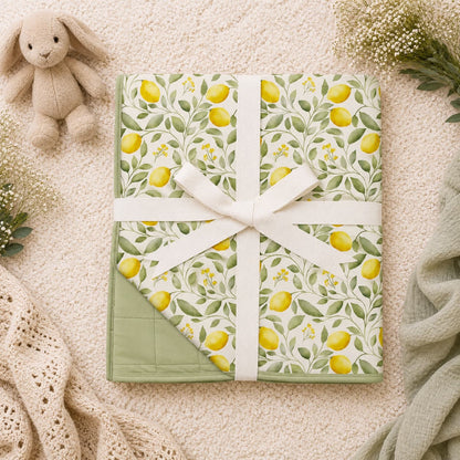Toddler bamboo blanket in watercolor lemon pattern. Soft bamboo blanket with quilted side. 