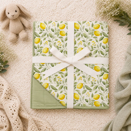 Toddler bamboo blanket in watercolor lemon pattern. Soft bamboo blanket with quilted side. 