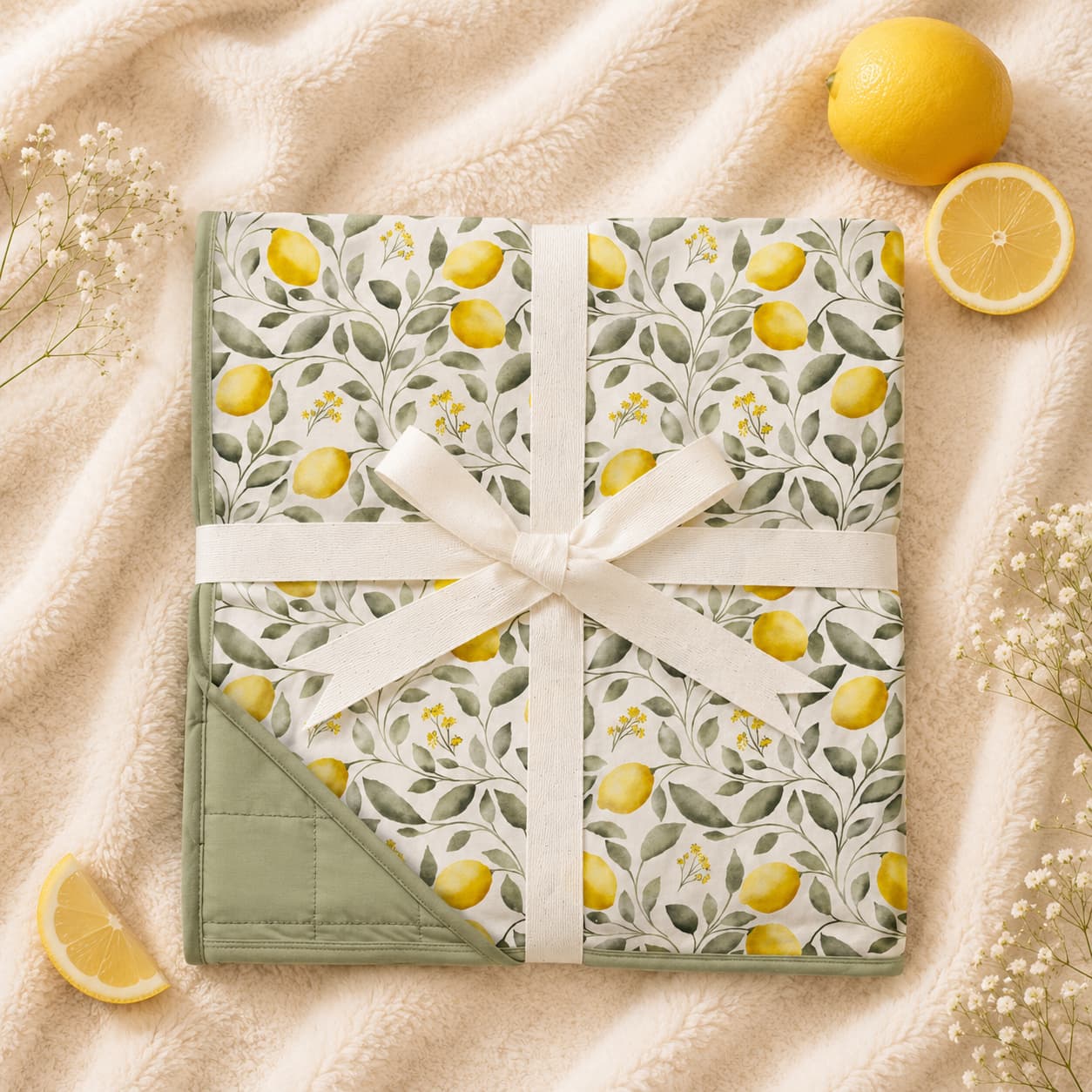 A folded bamboo quilted blanket with a trailing lemon pattern. Soft bamboo blanket oversized and wrapped in a cream ribbon, presented in a styled flat-lay.