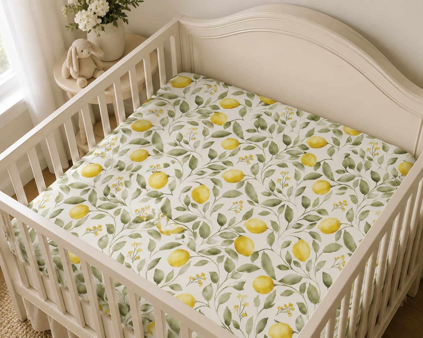 A bamboo crib sheet with lemon print pattern, shown inside a cream-colored wooden baby crib.