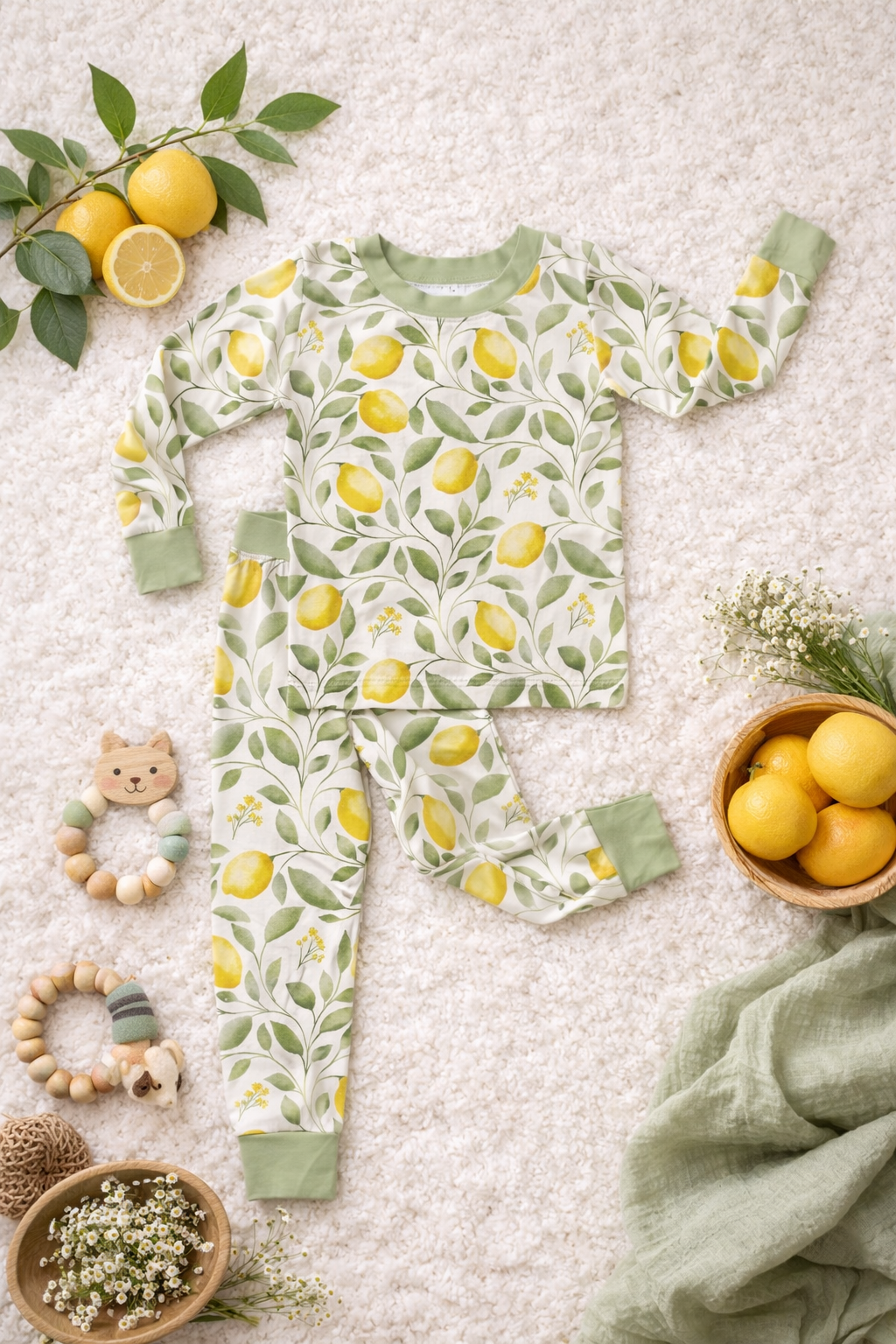 A toddler bamboo pajama set with trailing lemon and leaf print, styled in a flat lay on a textured cream rug with lemons, wooden toys, and a green cloth.