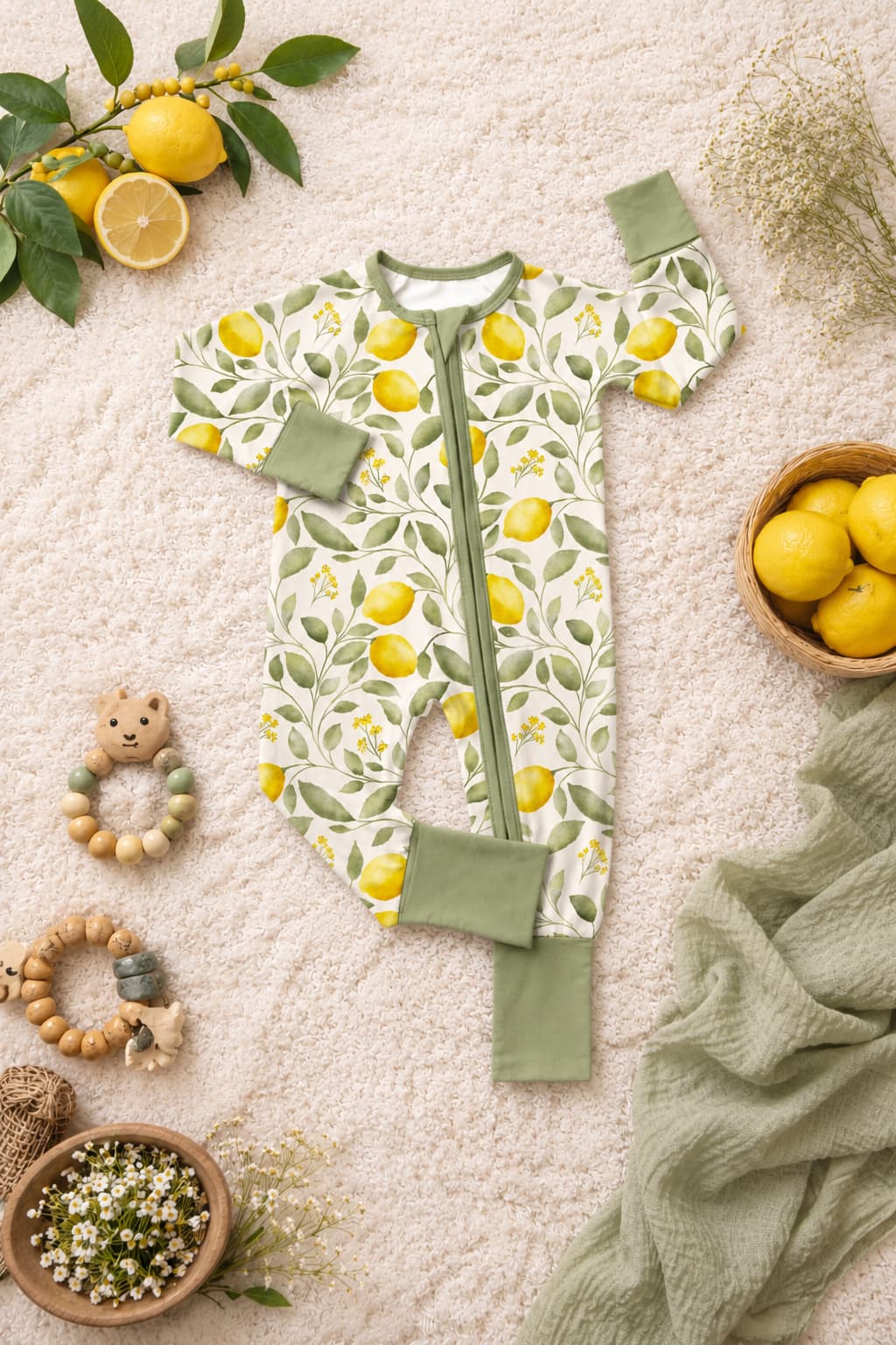 A baby bamboo sleeper pajamas with a green and yellow lemon pattern, laid flat on a textured cream blanket with lemon props and baby accessories.
