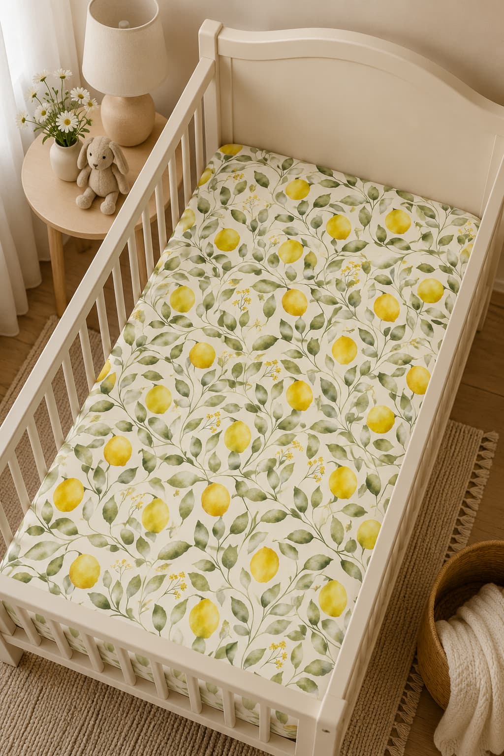 Bamboo crib sheet with a watercolor-style lemon and leaf pattern, shown in a styled nursery setting with a white wooden crib, bedside table, lamp, and stuffed animal.