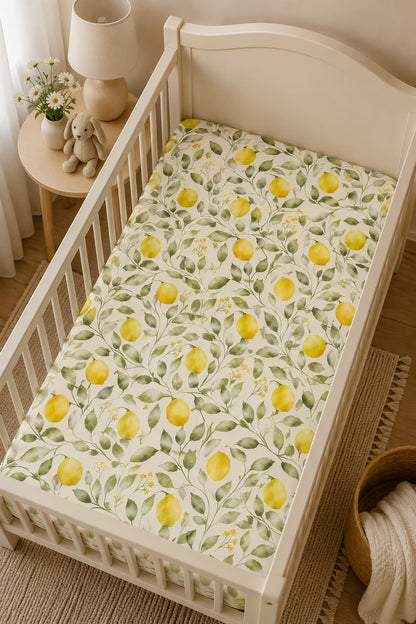Bamboo crib sheet with a watercolor-style lemon and leaf pattern, shown in a styled nursery setting with a white wooden crib, bedside table, lamp, and stuffed animal.