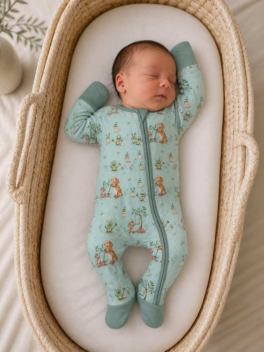 Newborn baby in a light blue bamboo sleeper pajamas with bunny patterns lying in a woven basket.