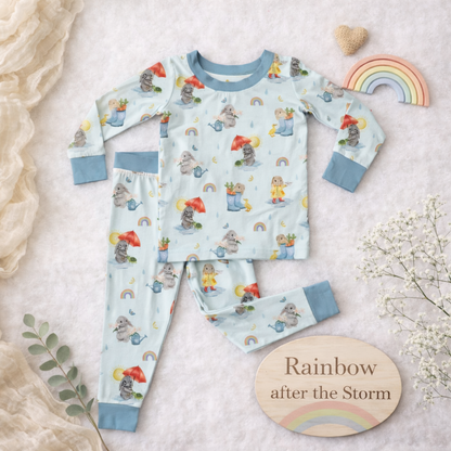 Bamboo two piece jammies with rainbow, bunnies, butterflies, and spring vibe. Rainbow after the storm for rainbow baby.