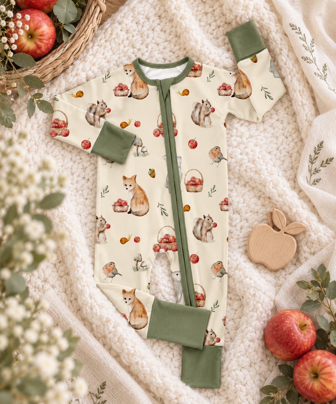 Woodland Orchard Bamboo Sleeper Pajamas for Babies  – Moss Green