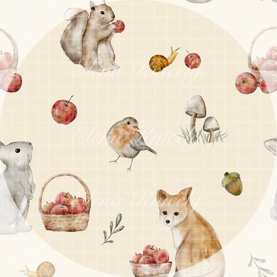 Seamless pattern woodland animals. Fall repeated pattern on bamboo fabric. Squirrles, fox, bunnies, snails, and other nature elements on a beige background.