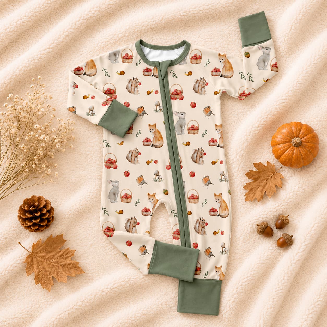 Baby bamboo sleeper with autumnal design and woodland animals on a soft beige background with leaves and pumpkins.