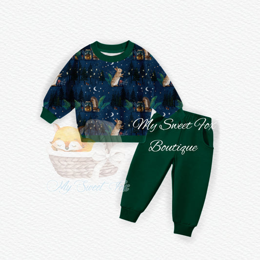 Two-piece bamboo kids french terry jogger set with woodland animal print, flat lay mockup