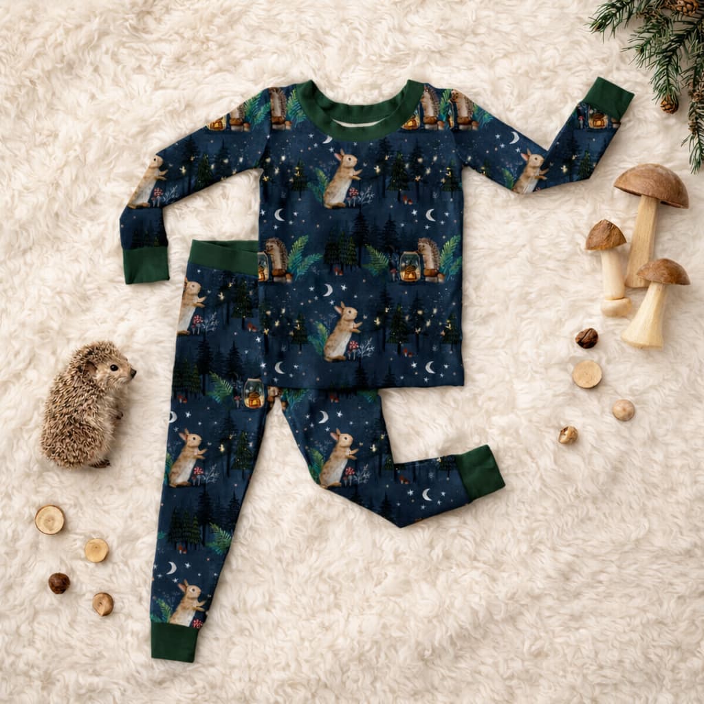 Children's bamboo pajama set with woodland forest animal print on a textured surface with woodland and mushroom decors.