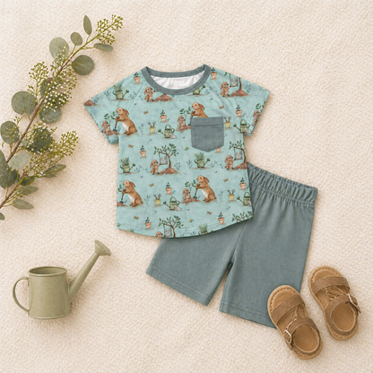 Children's bamboo outfit with a light blue bunny patterned pocket tshirt and solid shorts, and sandals on a light background.