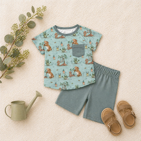 Children's bamboo outfit with a light blue bunny patterned pocket tshirt and solid shorts, and sandals on a light background.
