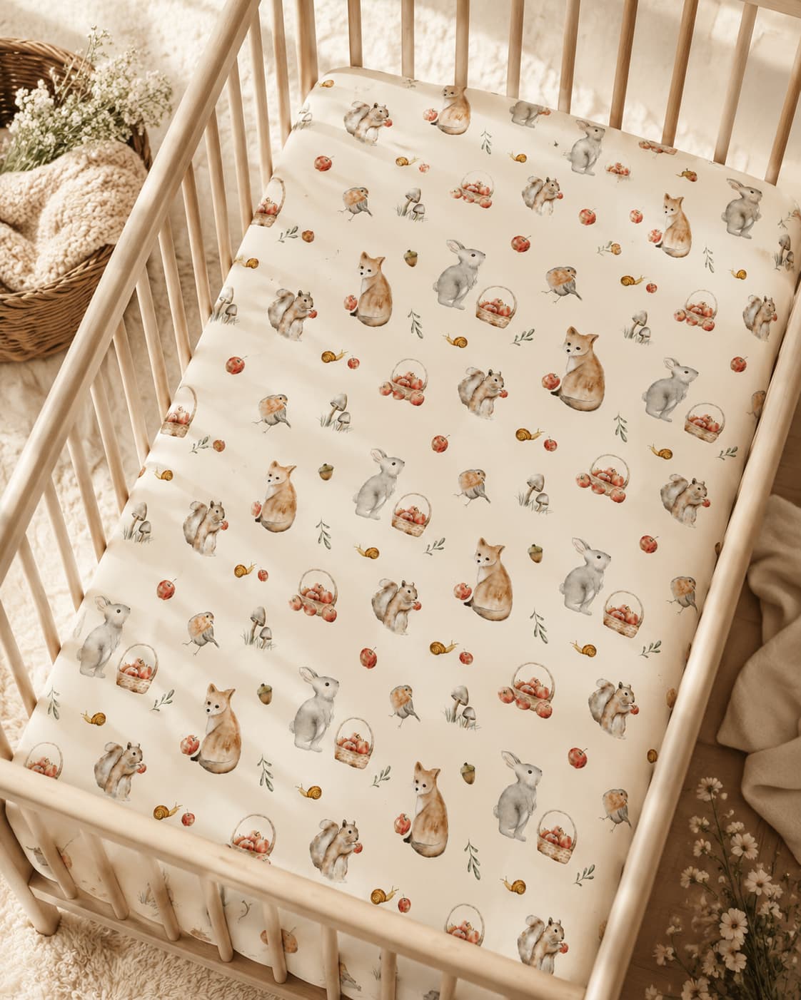 Orchard themed bamboo crib sheet with woodland animal and apple patterns in a lifestyle setting.